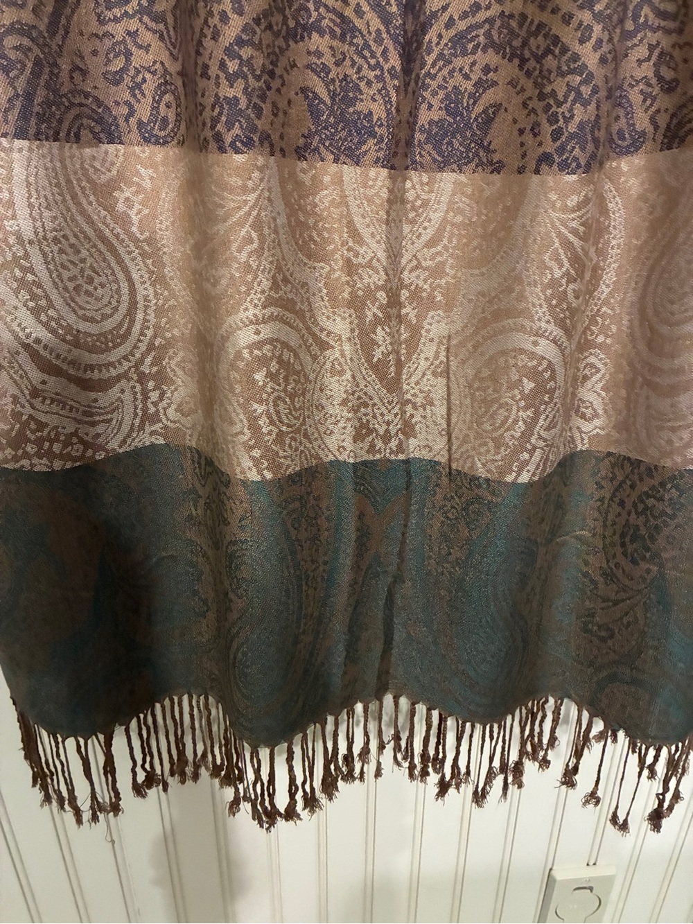 Elegant Brown and Teal Paisley Throw Scarf with Fringe by Simply Noelle